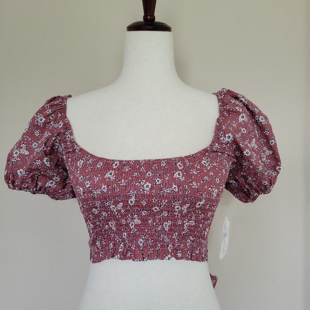 Altar'D State Crop Top Sz XS Milkmaid Puff Sleeve Cottagecore Floral Smocked NEW